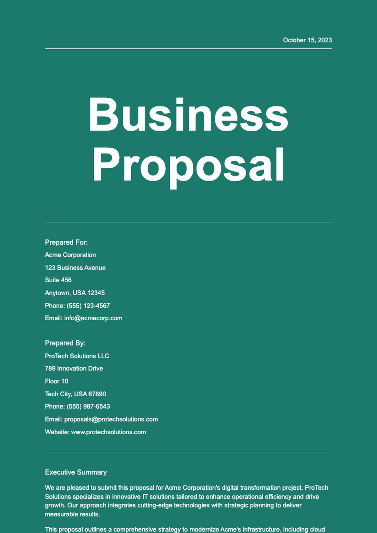 Green themed business proposal cover page with contact details_variant_3